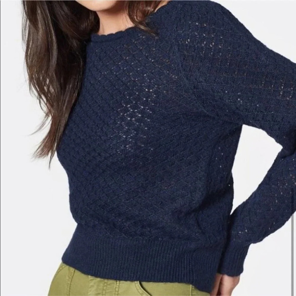 Joie Moxya Pointelle Puff Sleeve Sweater Knit Women's L Scallop Jumper Navy Blue - Picture 4 of 9